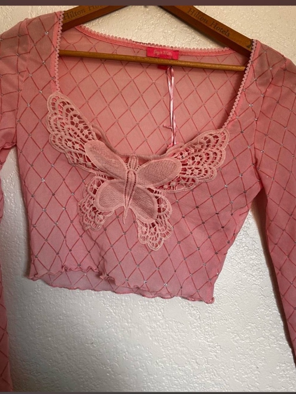 Sugar Thrillz Pink Crochet Butterfly Mesh Crop Top